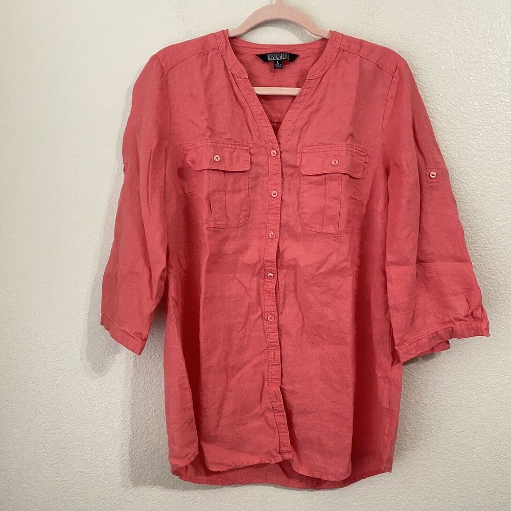 Nicole Miller Blouse Top Womens Large Linen Button Front Orange - Picture 1 of 8